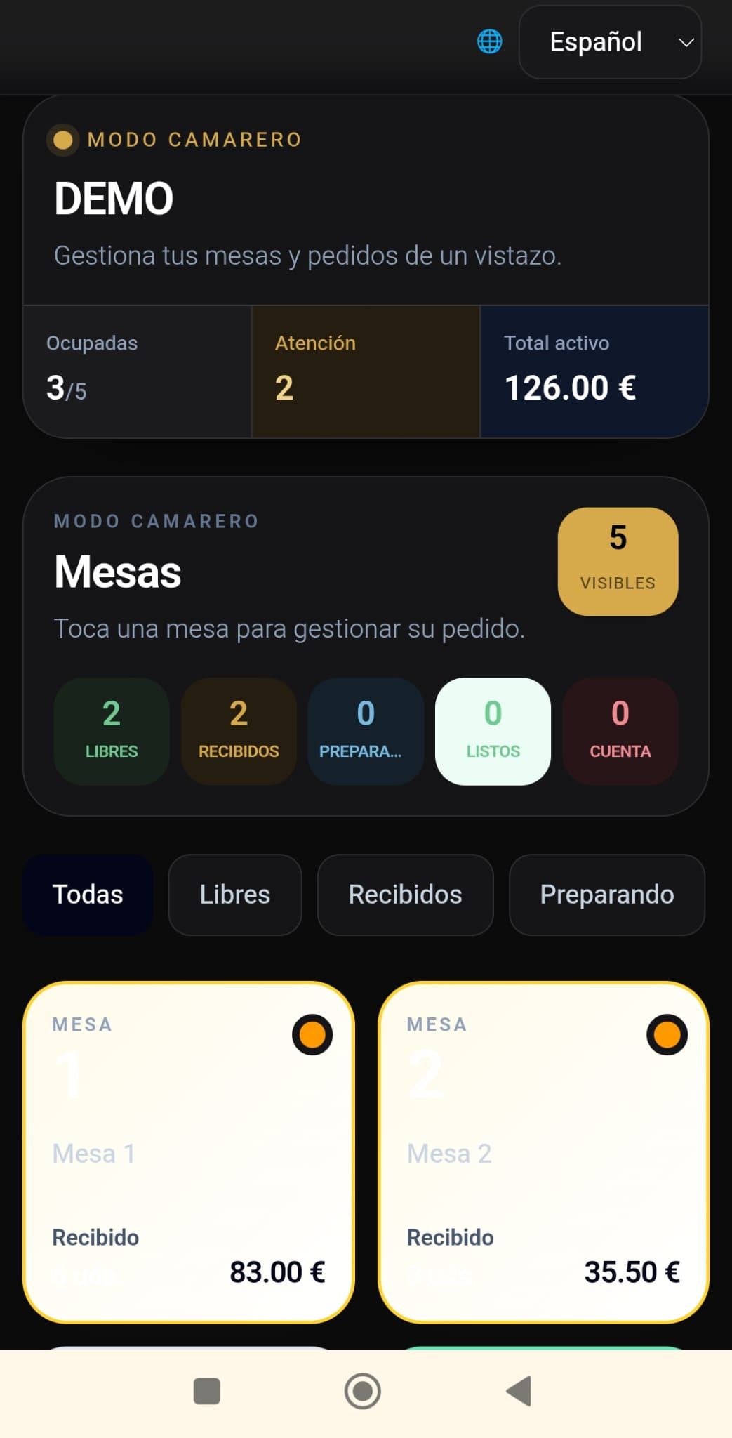 Comandero móvil de Digital Bar para gestionar mesas, pedidos y servicio
